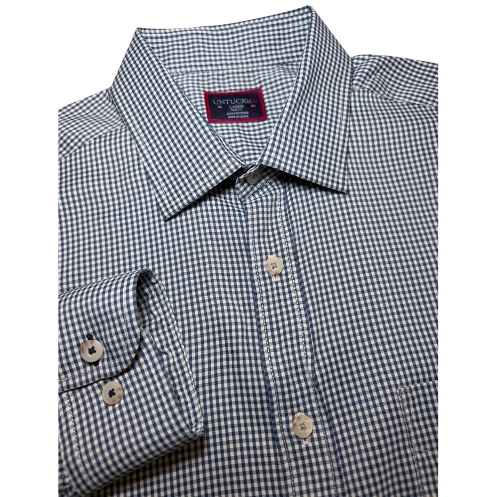 UNTUCKit Rollan Slim Fit Shirt Mens Large Navy Gingham Button Down Long Sleeve